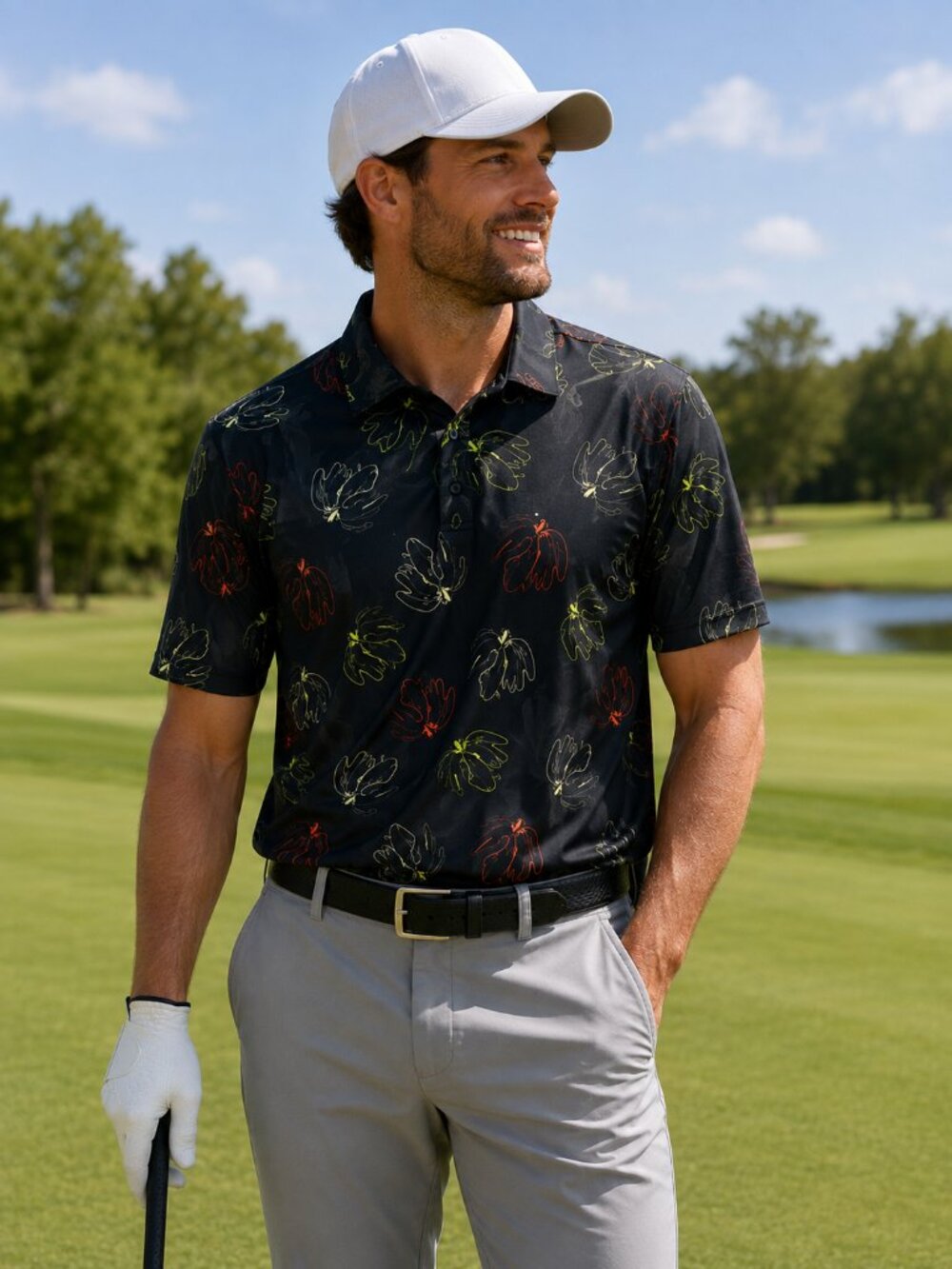 : BCG Golf Polo Shirt Men’s Small Black Multicolor Floral Performance Golf Shirt